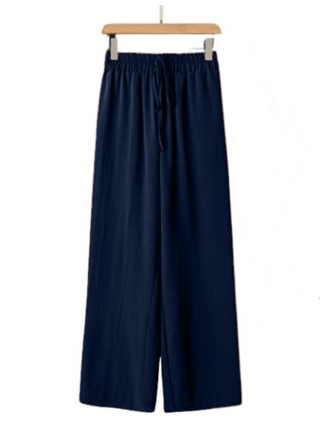 بنطلون نسائي واسع الساقين، بخصر مطاطي ورباط، مقاس حر، مناسب للارتداء اليومي. - Image 1